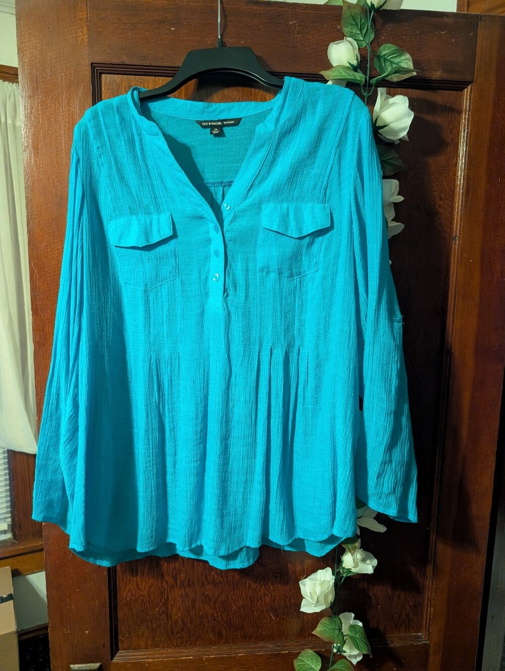 Zac And Rachel Turquoise Button-Front Peasant Blouse